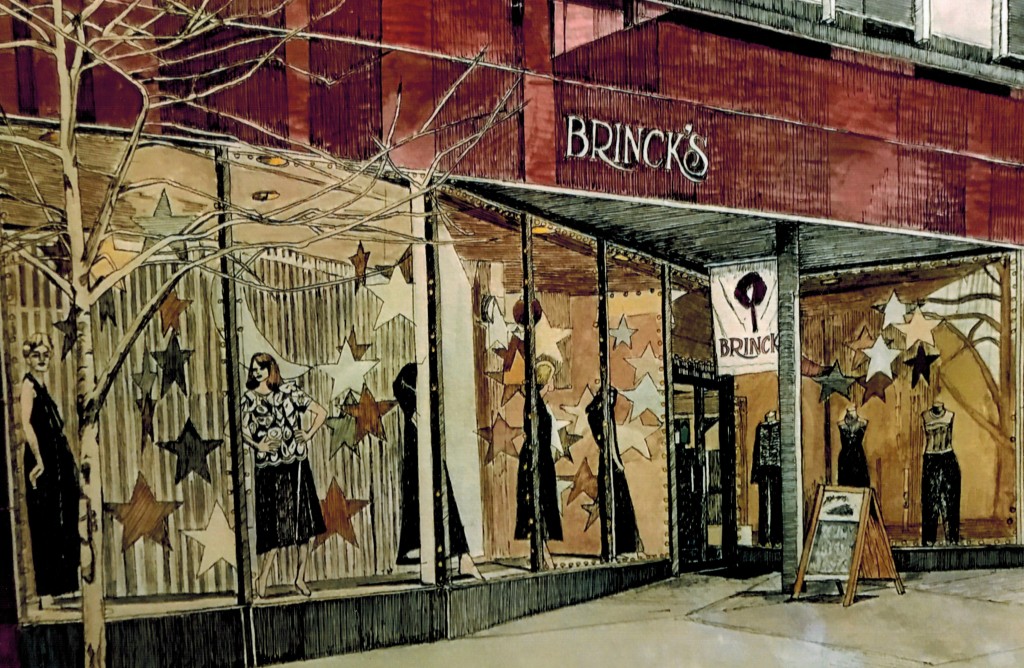 Artist illustration of Brinck's storefront in Burlington, Iowa. 